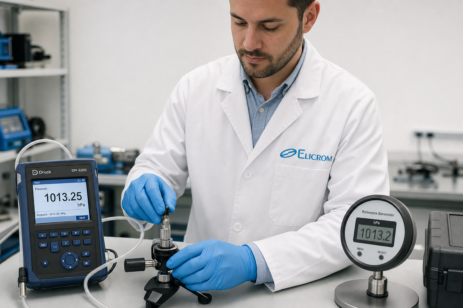 Técnico de ELICROM Brasil calibrando barômetro digital em São Paulo