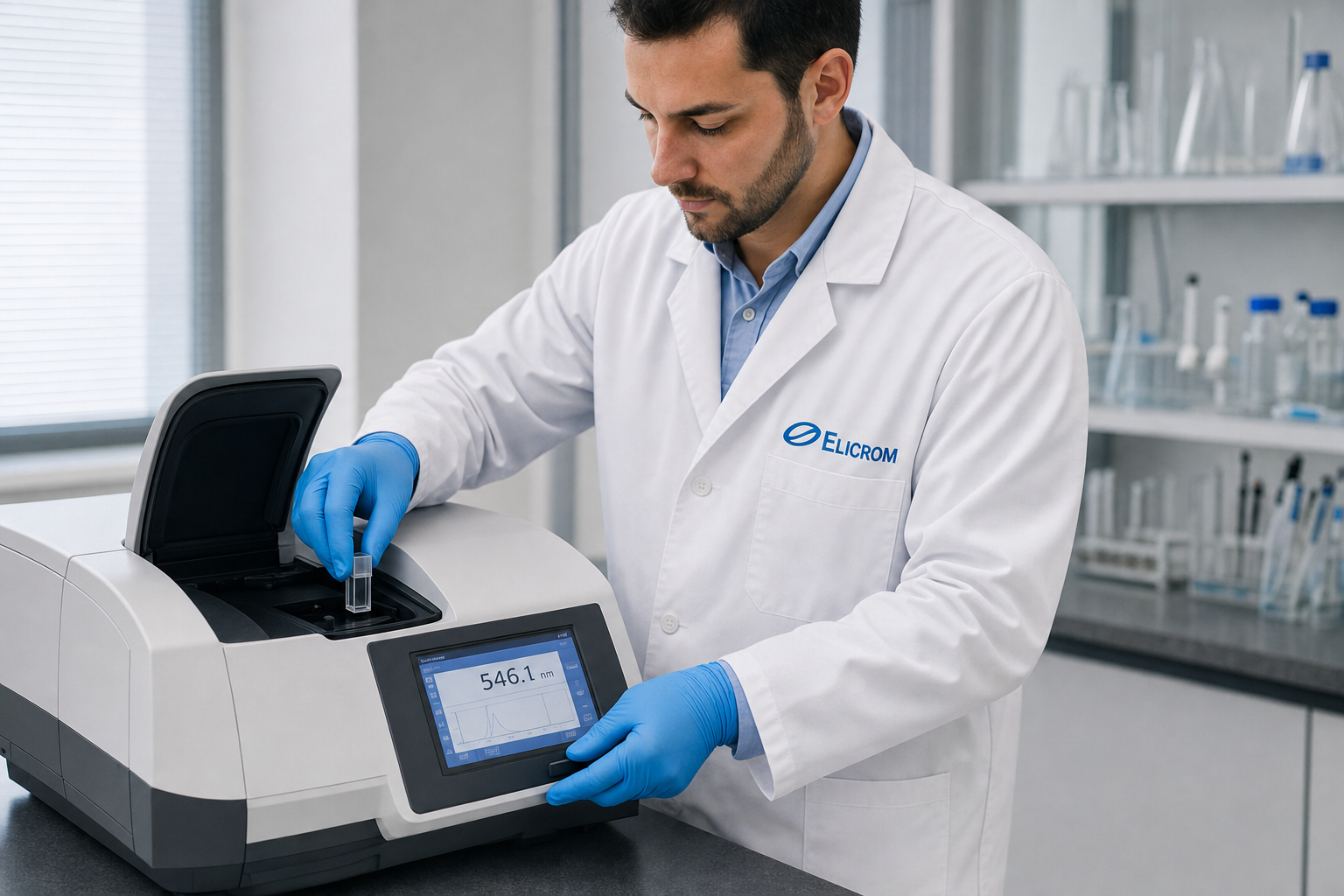 Técnico da ELICROM Brasil calibrando espectrofotômetro UV-VIS em São Paulo