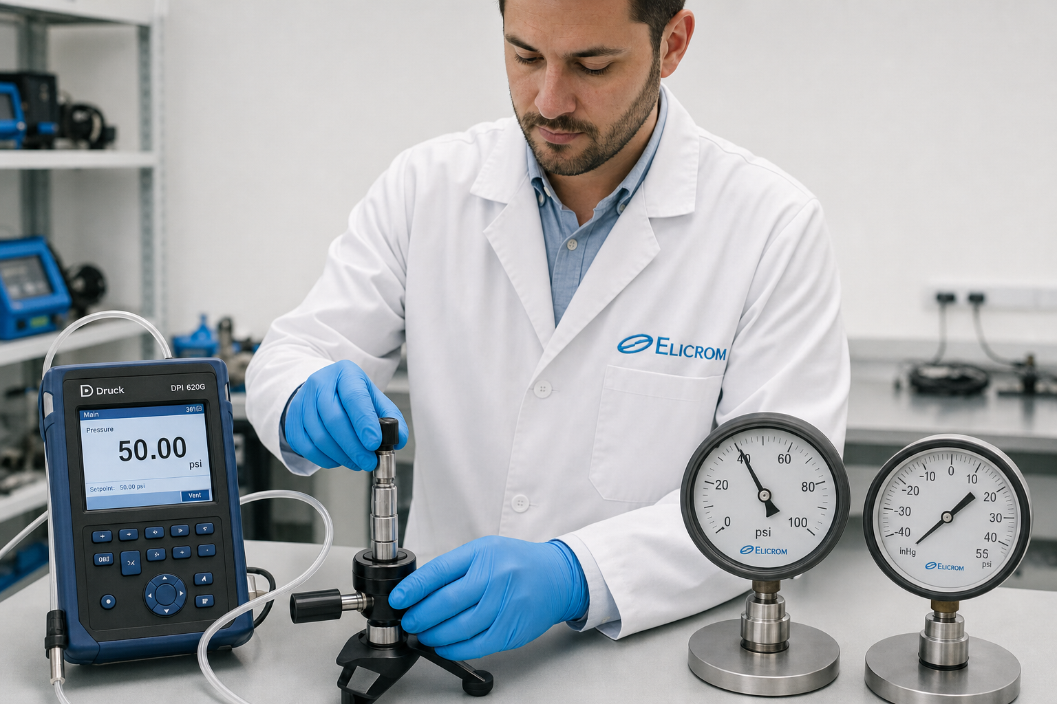 Técnico de ELICROM Brasil calibrando manômetro digital em São Paulo