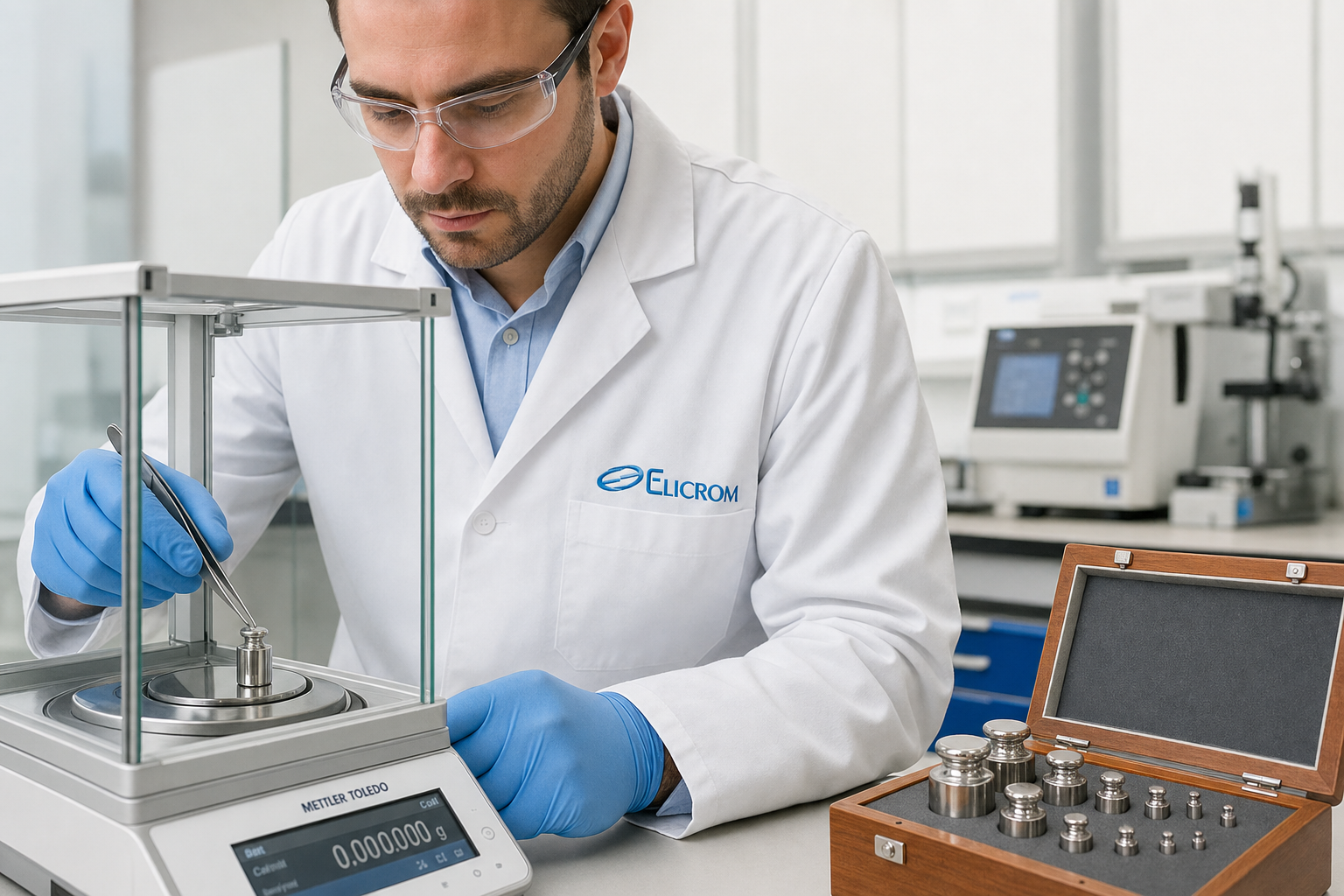 Técnico de ELICROM Brasil calibrando pesos padrão OIML em São Paulo