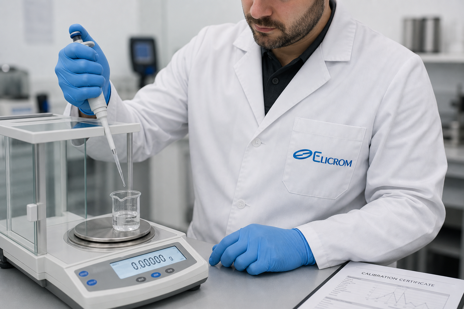 Técnico de ELICROM Brasil calibrando micropipeta em São Paulo